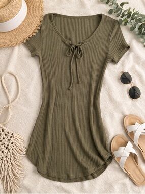 Olive Green Ribbed Tie Front Dress Short Sleeve Bodycon Size Medium